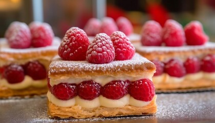 Wall Mural - Delicious French Pastries with Raspberries and Cream Generative AI