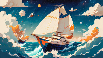 Wall Mural - A Serene Journey: Sailboat on the Ocean with a Summer Sky and Massive Clouds, Generative AI.