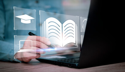 Fototapete - Concept of Online education. man use Online education training and e-learning webinar on internet for personal development and professional qualifications. Digital courses to develop new skills..