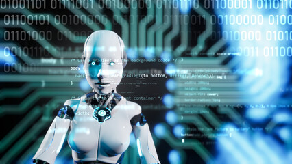 Wall Mural - 3d illustration of a.i. artificial intelligence robot humanoid working human job. typing on virtual 