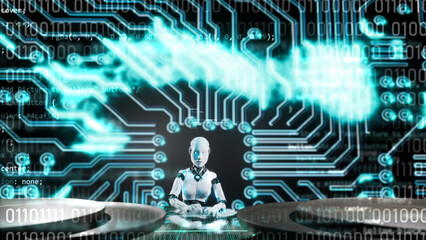 Wall Mural - 3d illustration of a.i. artificial intelligence robot humanoid working human job. typing on virtual 