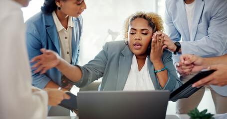 Canvas Print - Business woman, laptop and multi tasking overwhelmed with workload from colleagues at office. Female corporate manager working or helping employees in communication with multiple tasks at workplace