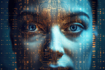 Wall Mural - digital hologram of female face looking from futuristic screen. interaction with artificial intellig
