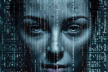 Wall Mural - digital hologram of female face looking from futuristic screen. interaction with artificial intellig