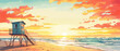 Watercolor tropical landscape with palms, ocean, orange clouds at the sunset. Generative AI