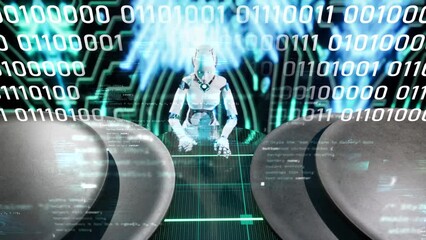 robot a.i. artificial intelligence typing writing binary code programming software human work easy speed humanoid processor background