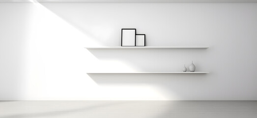 Creative interior concept. Large blank empty minimal wall room with long shelf and natural shadow. Banner template for product presentation. Mock up 3D rendering. copy text space
