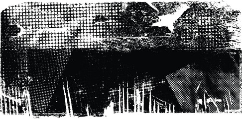 Glitch distorted grunge layer  . Noise destroyed texture . Trendy defect error shapes . Overlay grunge texture . Distressed effect .Vector shapes with a halftone dots screen print texture.