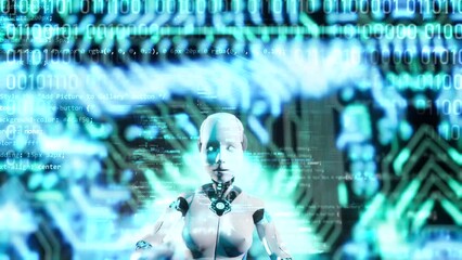 Wall Mural - 3d render 4k animation of robot zoom out video with hud user interface data analyse overlay and prog