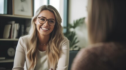 Wall Mural - Smiling mental health professional looking at female student sitting in school office. generative AI