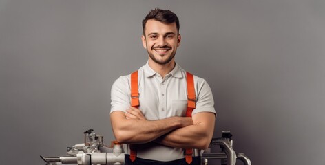 Plumber in white uniform and orange suspenders with crossed arms, smiling and friendly, neutral solid background