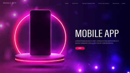 A concept for a website with a mobile app and online shopping. A smartphone on the podium with a bright neon arch on a pink and blue background.