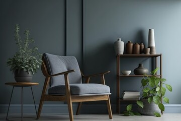 Poster - cozy living room with a comfortable chair, lush potted plant, and stylish shelf decor. Generative AI