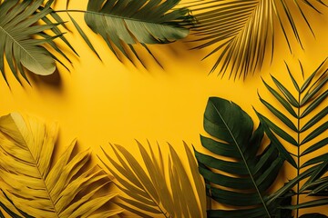 Poster - Green tropical palm foliage on a vivid yellow background. Basically the summer theme. Creatively executed flat lay. Generative AI