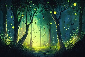 Wall Mural - Beautiful scenery. Nighttime forest view with fireflies. Tall trees, lush green grass, and bright yellow lights. Digital painting... Generative AI
