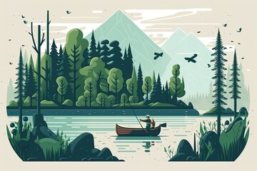 Canvas Print - serene boat floating on a still lake surrounded by lush green forest. Generative AI