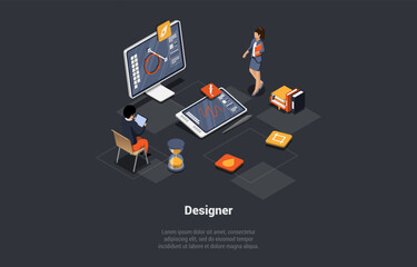 Wall Mural - concept of 3d design and freelance work. creative team of graphic designers. male and female charact