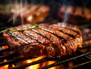 Wall Mural - A close - up shot of a perfectly grilled steak sizzling on a barbecue grill.  Generative AI