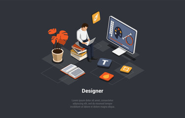 3D Design And Freelance Work. Creative Team Of Graphic Designers. Man Designer Make Artwork Of Illustration On Computer Using Pen Tool. Workspace of Digital Artist. Isometric 3d Vector Illustration