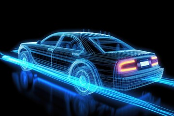 Wall Mural - A sleek car gliding on the road, its blue lights casting a cool and futuristic glow