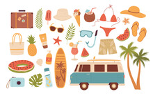 Cartoon Car Travel And Beach Accessories. Summertime Elements Vector Illustration. Vacation Items For Sea Weekend. Surfing, Snorkeling, Hippie Van, Ice Cream, Fruits, Cocktails, Bikini, Camera, Hat