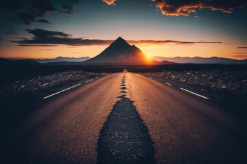 Poster - At sunset, sky clouds frame an asphalt road and a mountain. Generative AI