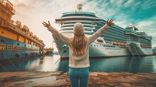 Back View Of Traveler Girl With Raised Arms Standing In Front Of Big Cruise Liner Generative AI