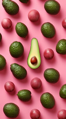 Wall Mural - delicious avocado fruit pattern on pink background. Generative AI