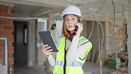 Poster - Young blonde woman architect talking on smartphone looking touchpad at construction site