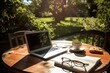 Homeoffice in the garden, Morning Inspiration: A Serene Workspace Amidst an Open Garden, Bathed in Sunlight and Dappled Shadows, on a Tranquil Sunday Morning