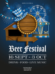 oktoberfest poster with wooden signboard, market stall and amusement park. german beer festival flyer