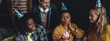 © ArtSys - Group of diverse friends, young cheerful men and women, college university international students celebrating birthday anniversary looking happy, smiling. Multi cultural have fun banner