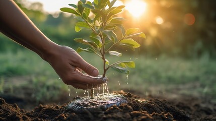 two hands holding water and watering young tree in park in sunset Generative AI