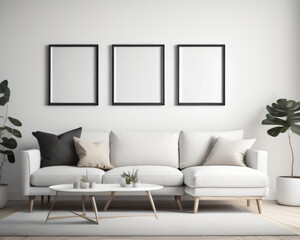 Blank picture frame mockup on white wall. Modern living room design. View of modern scandinavian style interior with sofa. Three square templates for artwork, painting, photo or poster