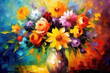 Bunch of Colorful Flowers Brush Strokes Painting. AI generative. Canvas Texture.