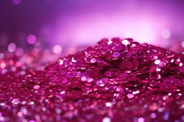  Pile of shiny sequins on purple background, shallow dof. Generative AI