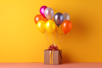 Colorful balloons bunch tied with a gift box on a yellow wall background with copy space. Birthday, wedding, party or celebration concept. Generated AI.