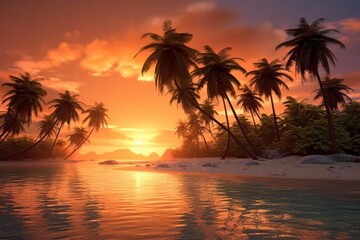 Tropical Palm Sunset Background. Illustration AI Generative.