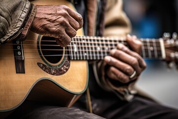 a striking close - up shot of a street musician's hands passionately playing the guitar. generative 