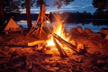 Wall Mural - The cozy atmosphere of a camping trip in a photograph that captures the warmth of a campfire. Generative AI
