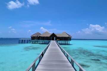 Wall Mural - Amazing drone view of the beach and water with beautiful colors. luxury tropical resort or hotel with water villas and beautiful beach scenery. maldives, summer vacation, resort maldivian houses.