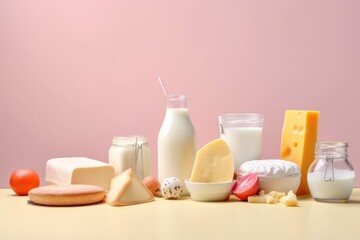 Wall Mural - Assortment of dairy products on table against color background. Generative AI