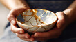 White porcelain bowl with kintsugi method in Female hands. Antique pottery restored with gold cracks. Traditional Japanese gold fixing method. Wabi sabi concept. Sunlights. Generative AI
