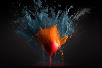 Red balloon explosion with colorful splashes on black background. Generative AI