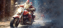 Santa Biker, Rev Up The Festivities: Badass Santa Claus Spreads Christmas Cheer On A Motorcycle, Rocking Shades And Delivering Joy.
