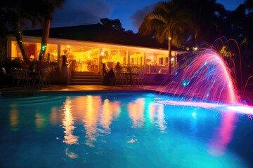 The vibrant atmosphere of a poolside party illuminated by colorful lights in a dynamic photo. Generative AI