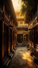 Canvas Print - Chinese temple at night. AI generated art illustration.