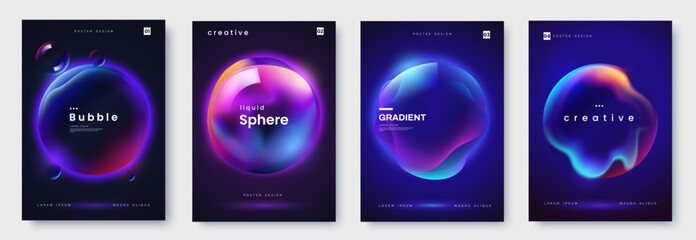 poster collection with abstract colorful gradient sphere. glowing vibrant liquid gradient shape on d