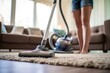 A close - up shot of a homemaker operating an electric vacuum cleaner in her living room. Generative AI