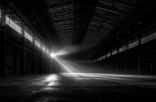 Abandoned Old Warehouse Interior, Dark, Industrial, Dirty, Black And White. Generative AI